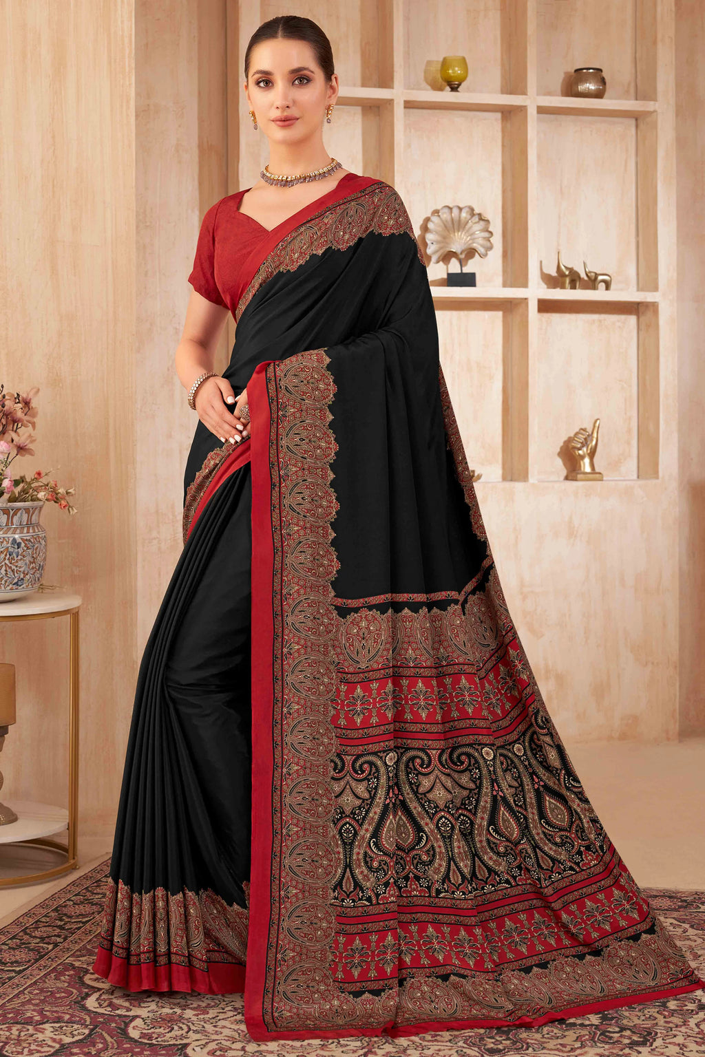 Mirmaya Black Floral Printed Crepe Silk Saree
