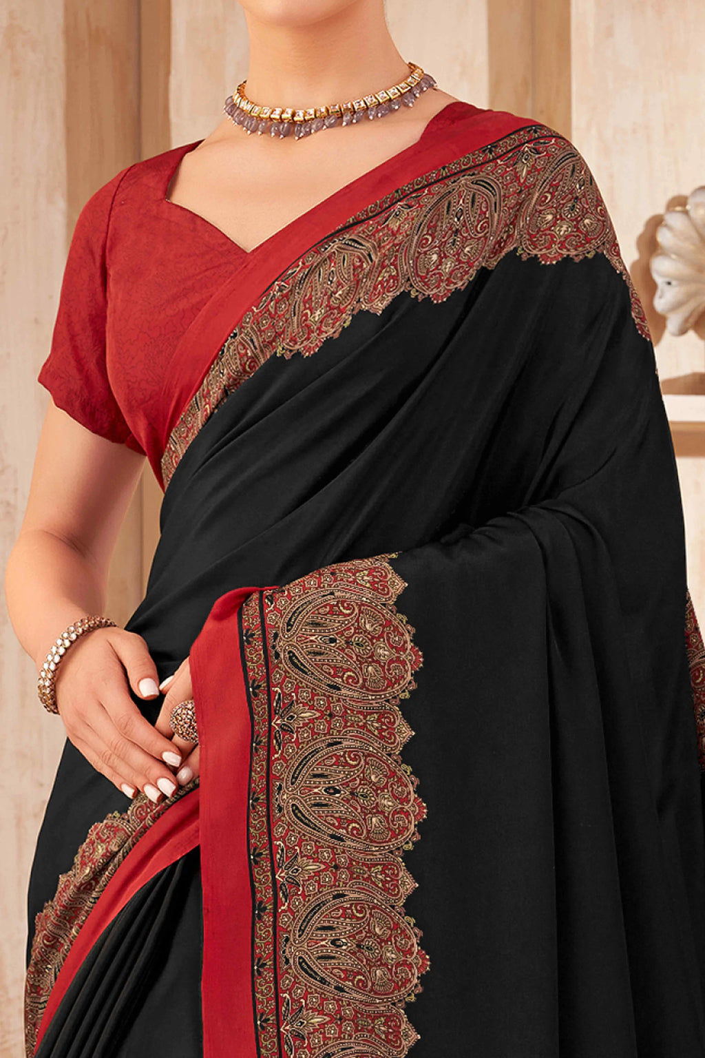 Mirmaya Black Floral Printed Crepe Silk Saree
