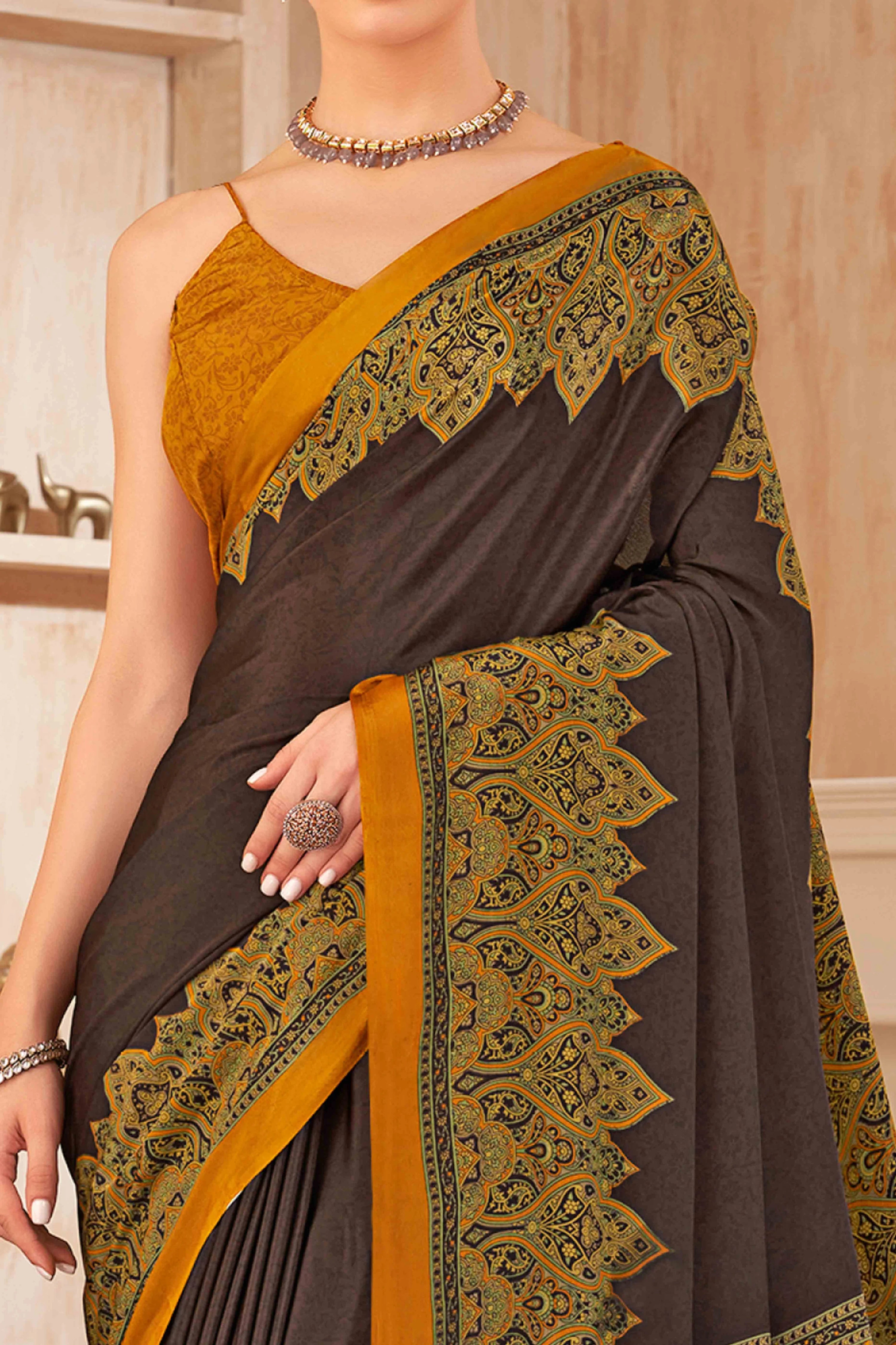 Mirmaya Brown Floral Printed Crepe Silk Saree