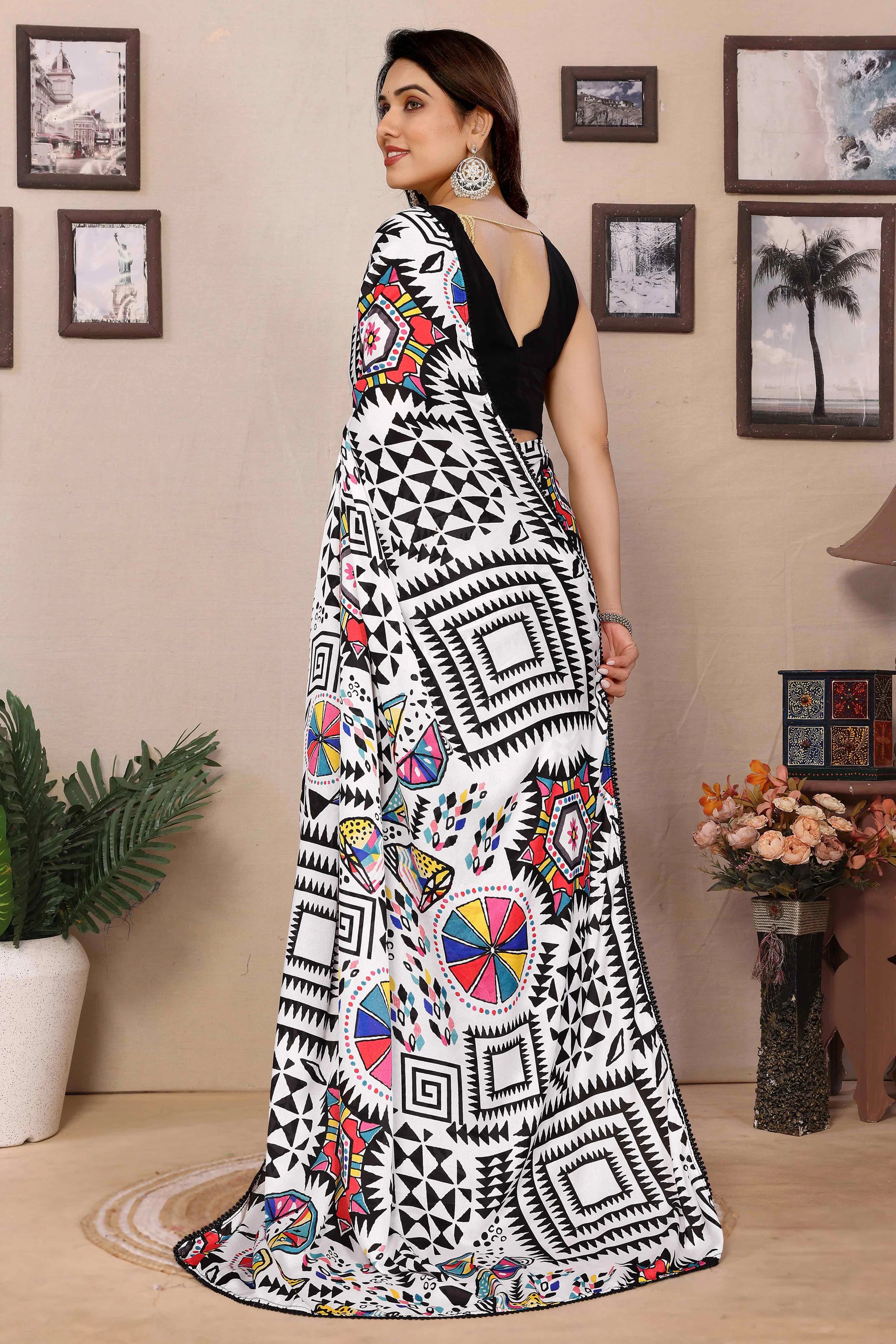 Mirmaya White & Black Geometric Printed Moss Satin Saree
