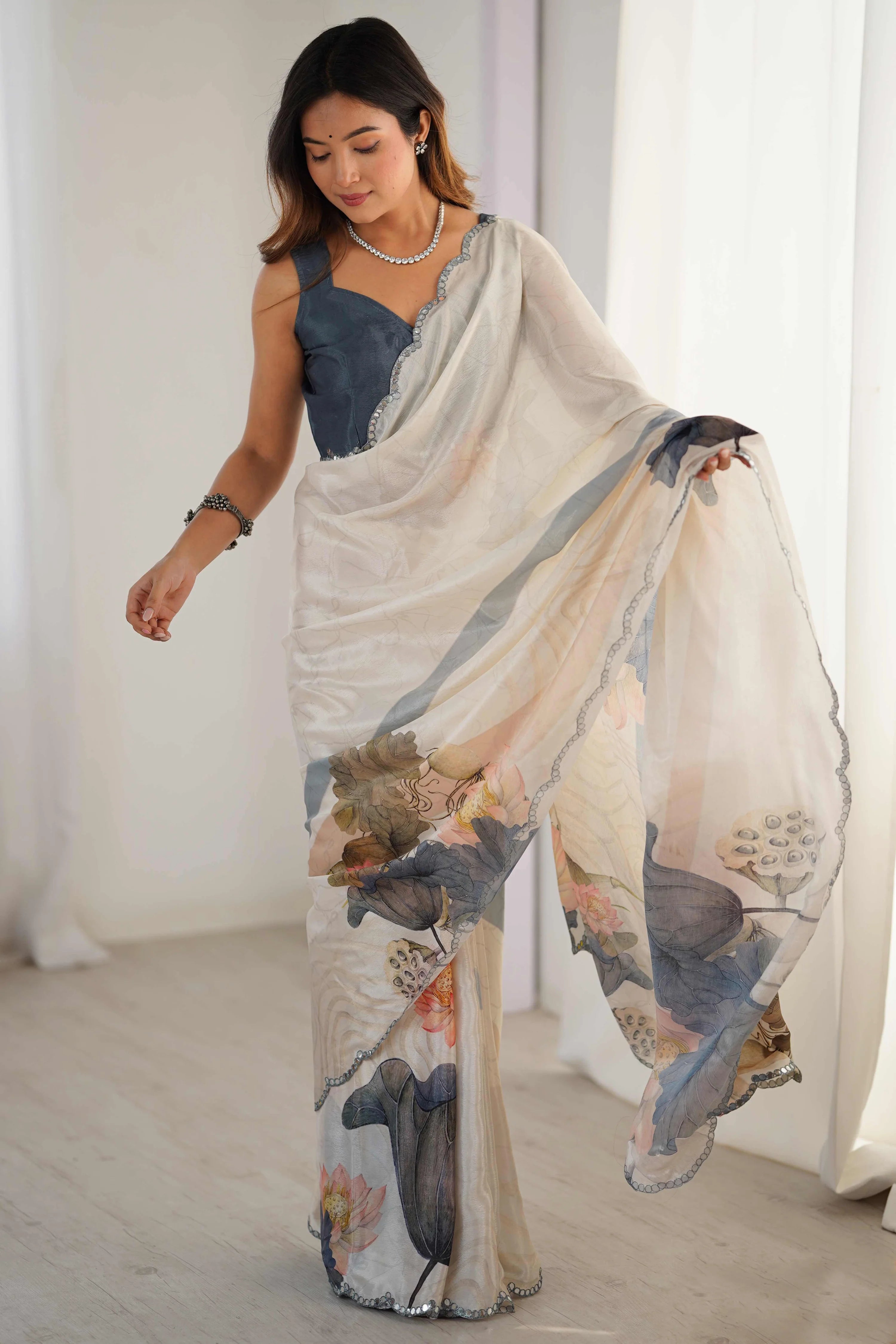 Mirmaya Off White Floral Printed Chinon Saree With Shimmering Mirror Detailing