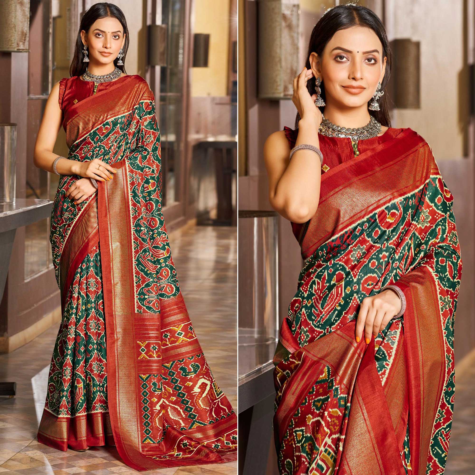 Mirmaya Green & Red Patola Printed Viscose Saree With Zari Border