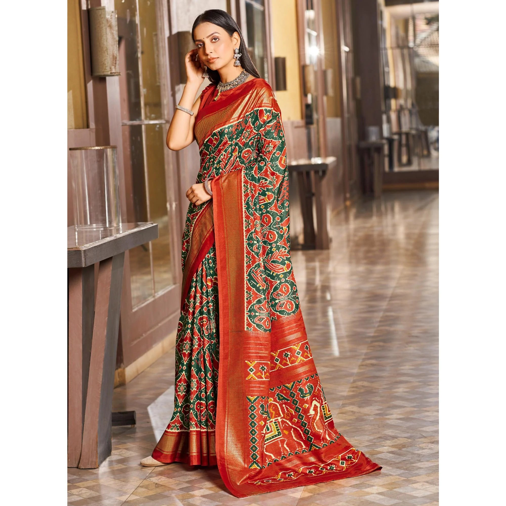 Mirmaya Green & Red Patola Printed Viscose Saree With Zari Border