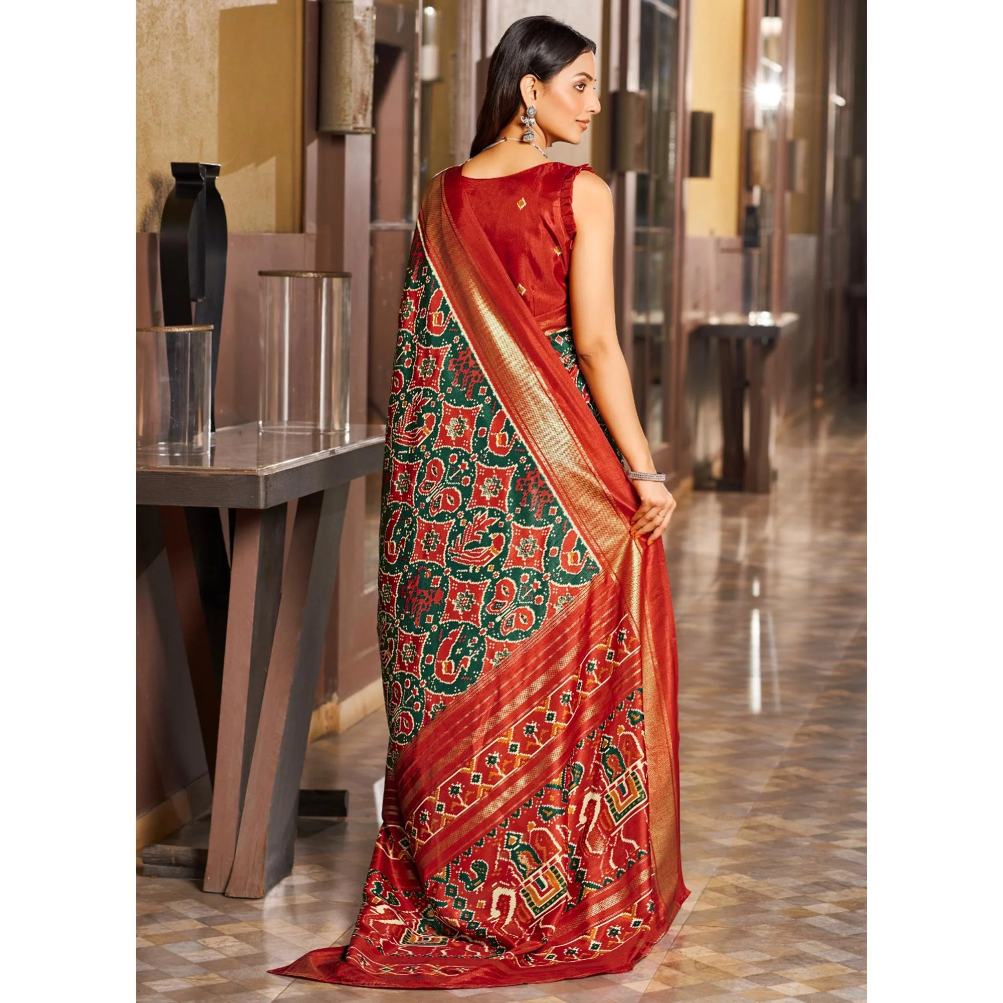 Mirmaya Green & Red Patola Printed Viscose Saree With Zari Border