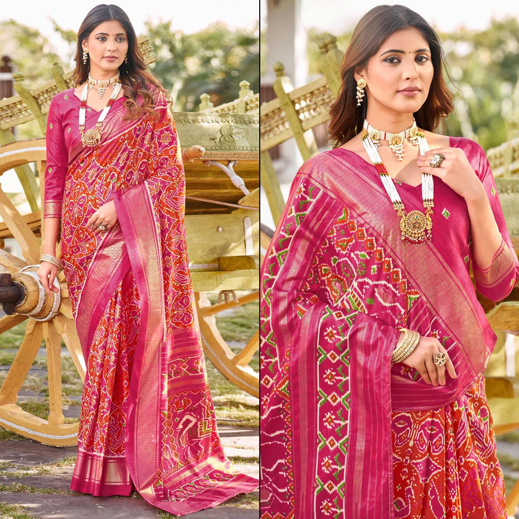 Mirmaya Pink & Orange Patola Printed Viscose Saree With Zari Border