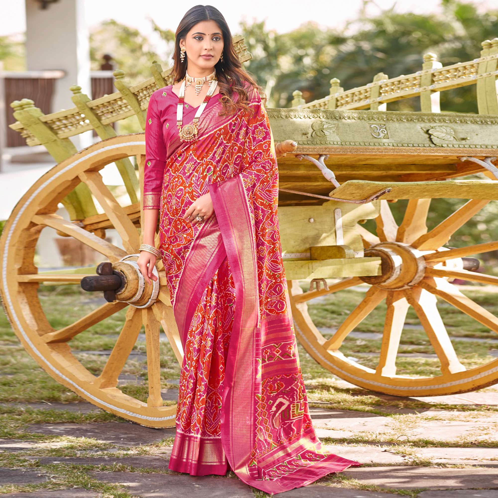 Mirmaya Pink & Orange Patola Printed Viscose Saree With Zari Border
