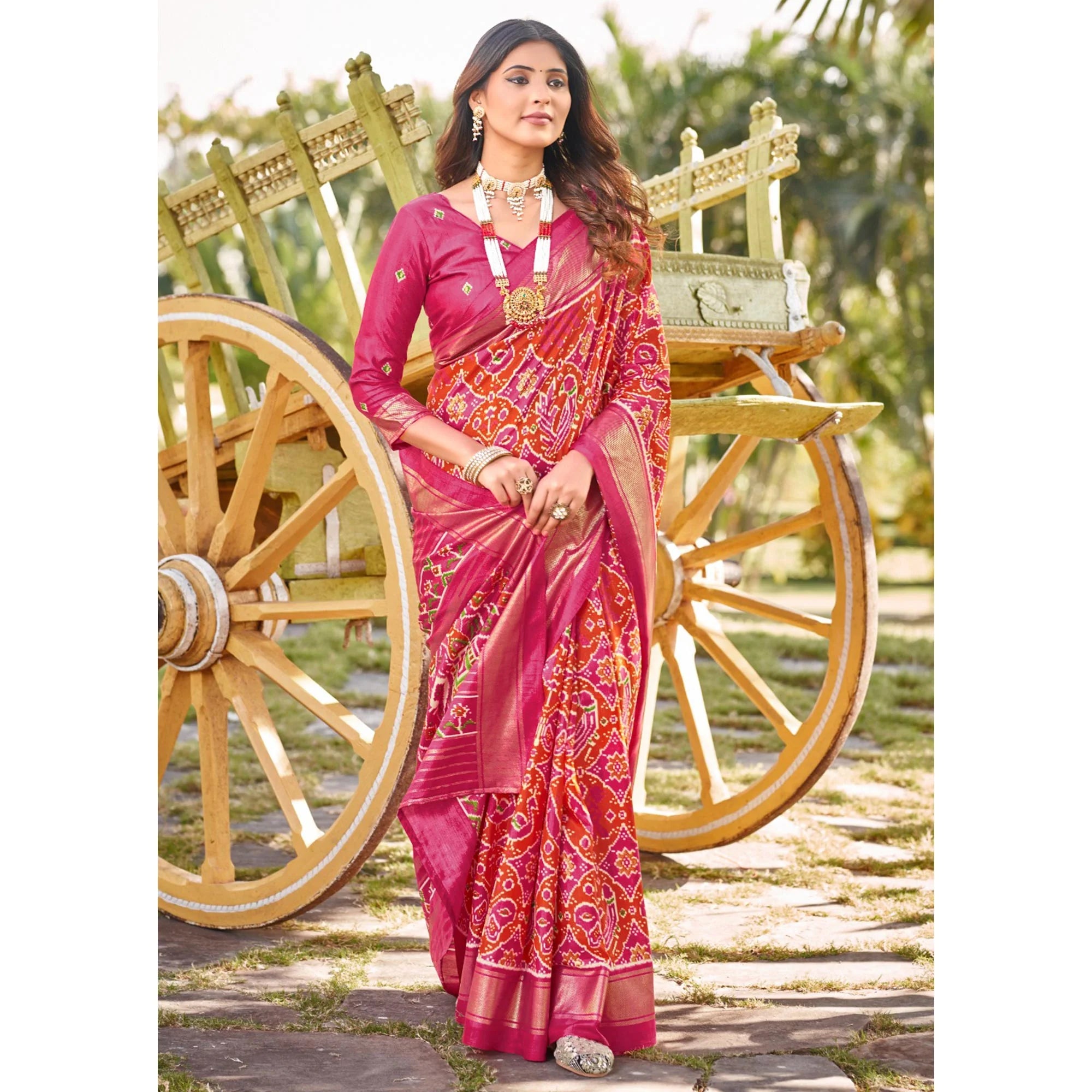 Mirmaya Pink & Orange Patola Printed Viscose Saree With Zari Border