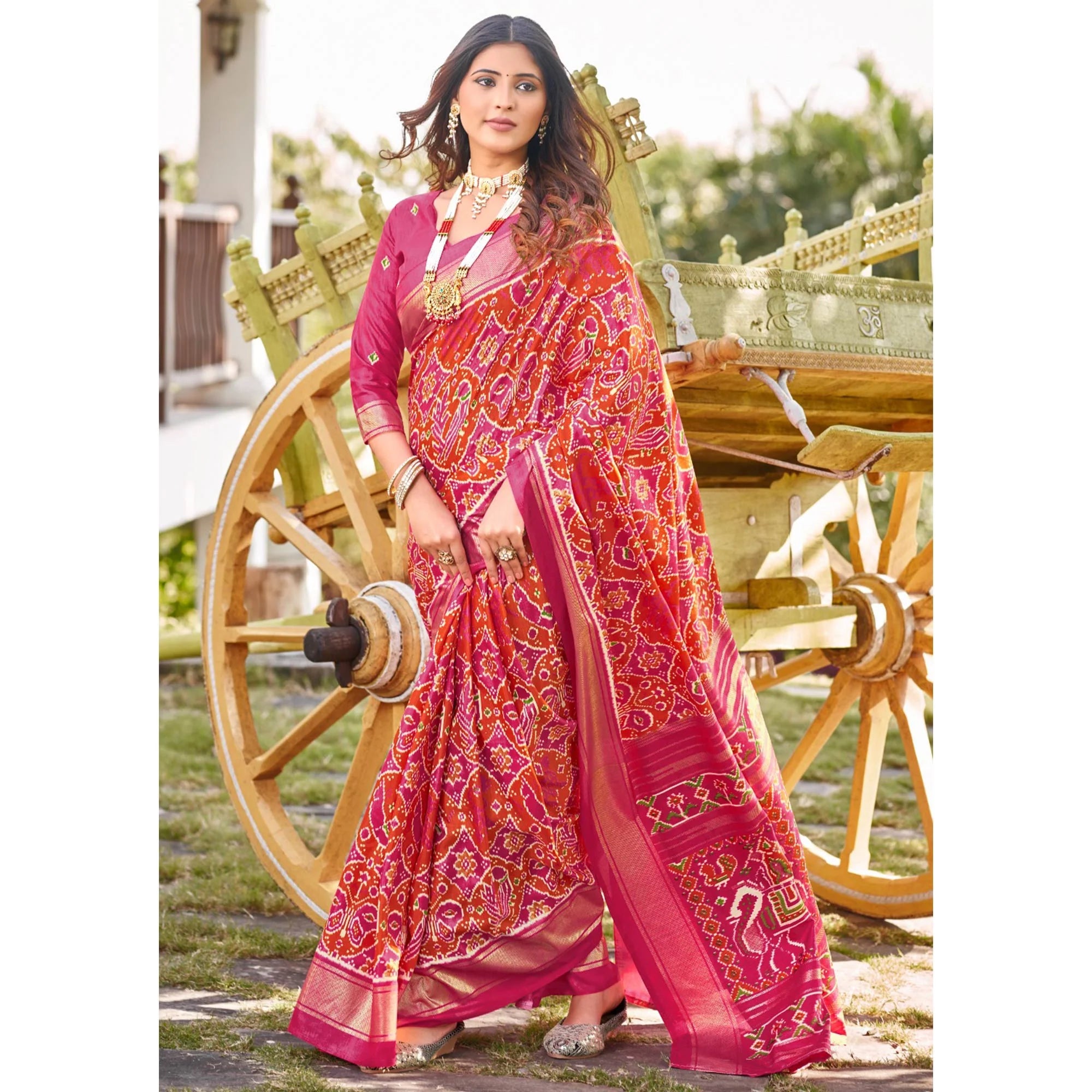 Mirmaya Pink & Orange Patola Printed Viscose Saree With Zari Border