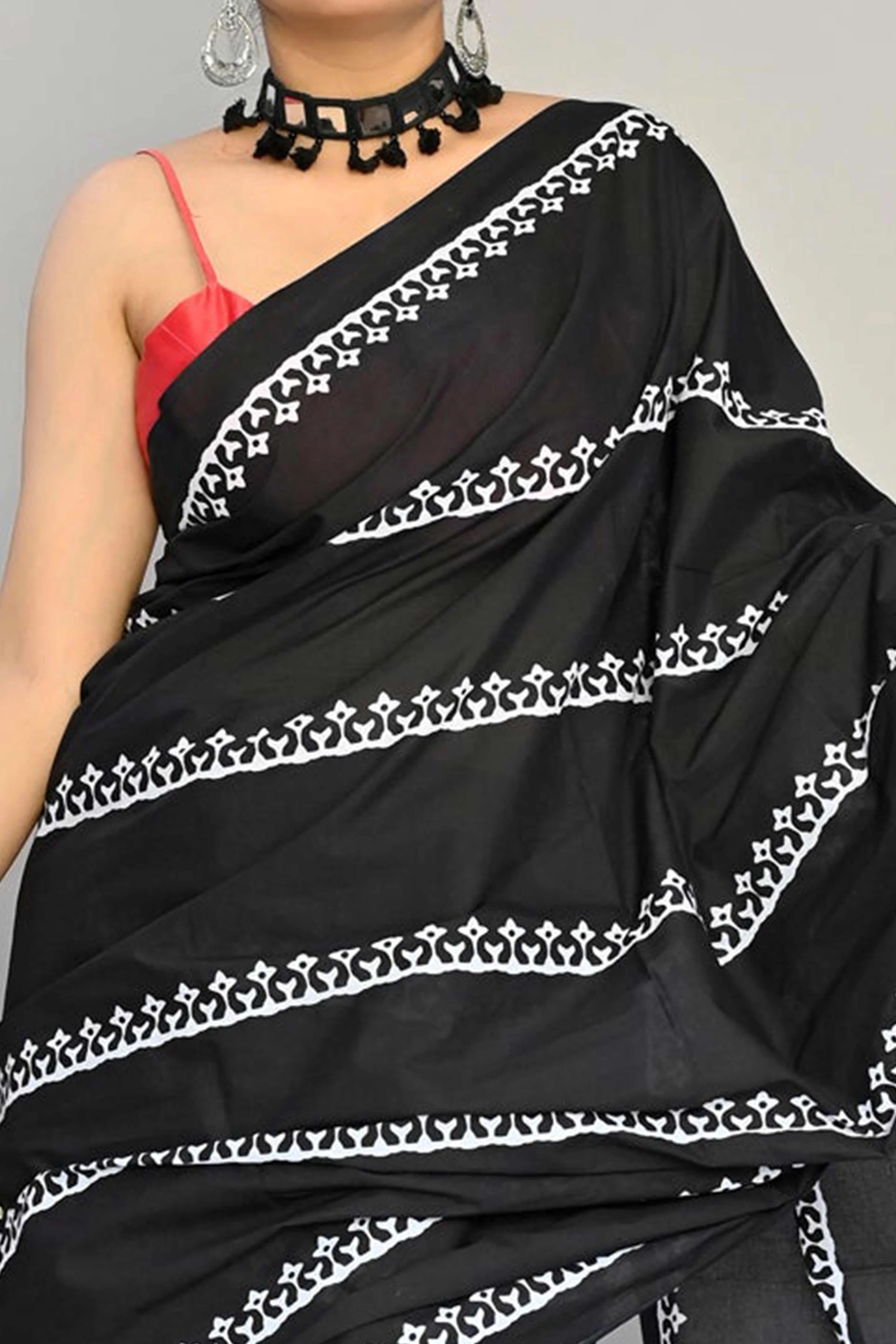 Mirmaya Black Striped Printed Linen Saree