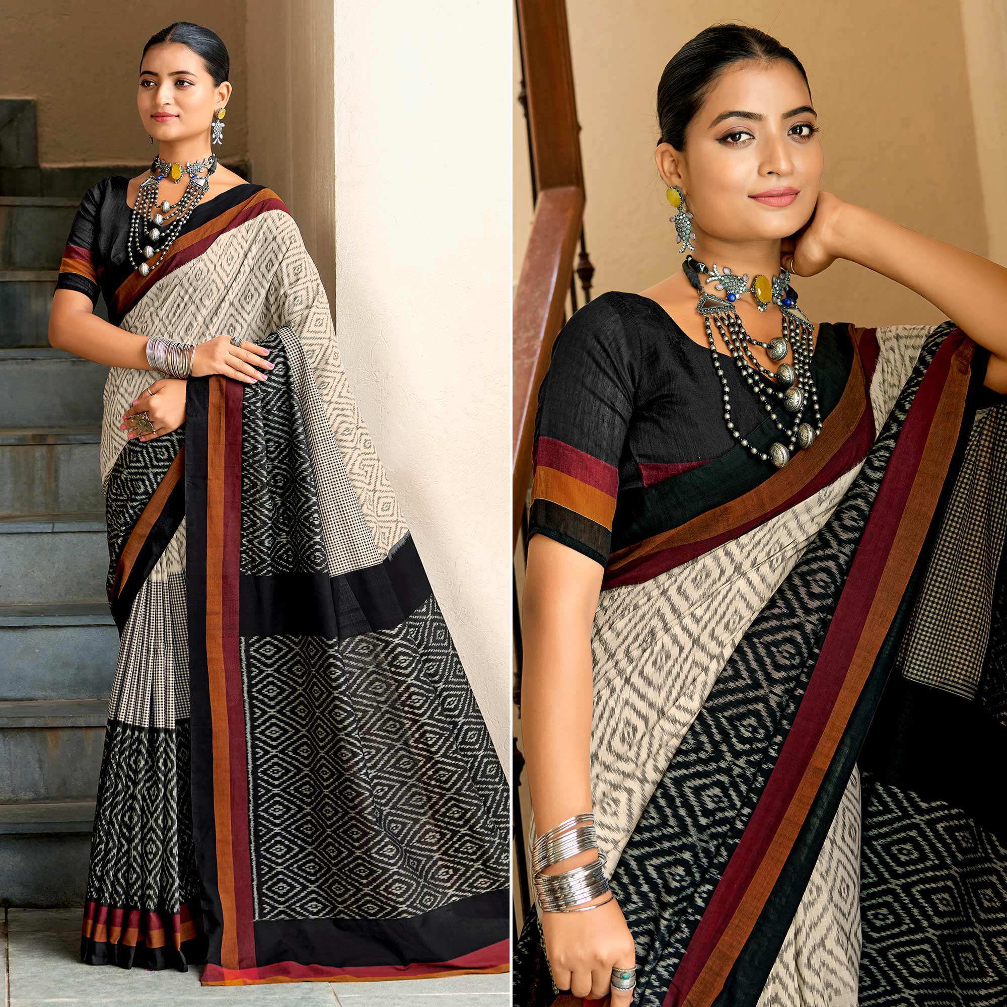 Mirmaya Beige & Black Ikkat Printed Mulmul Cotton Saree