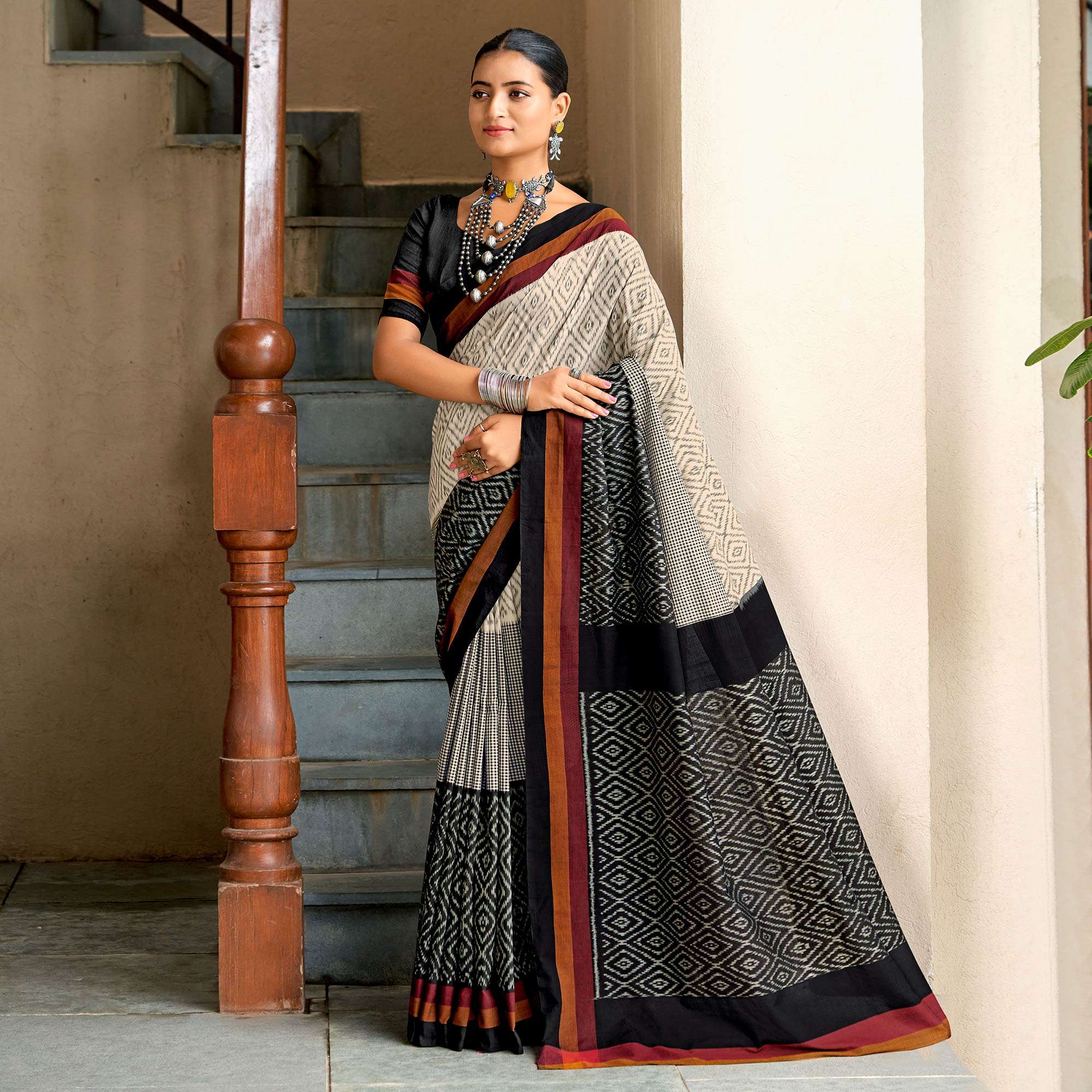 Mirmaya Beige & Black Ikkat Printed Mulmul Cotton Saree