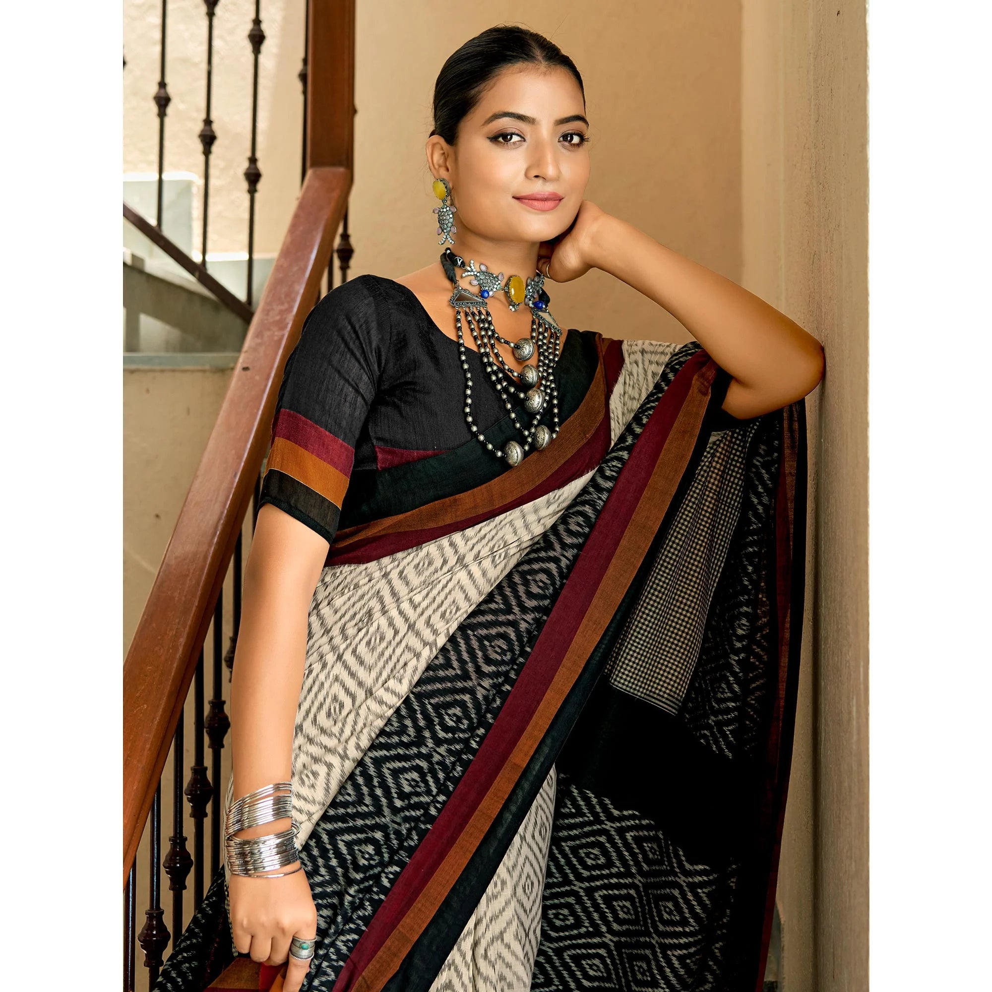 Mirmaya Beige & Black Ikkat Printed Mulmul Cotton Saree