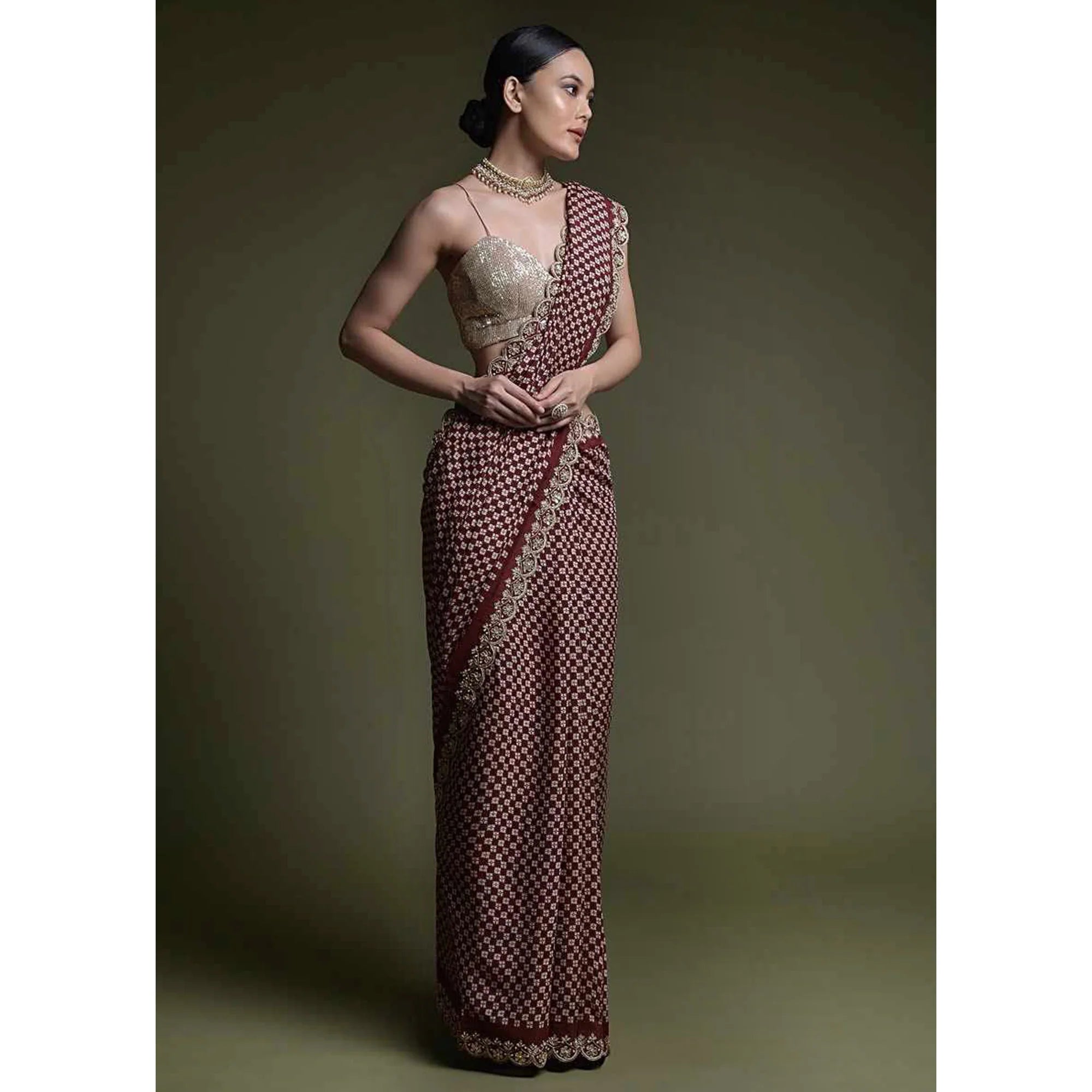 Mirmaya Maroon Printed With Embroidered Border Chinon Saree