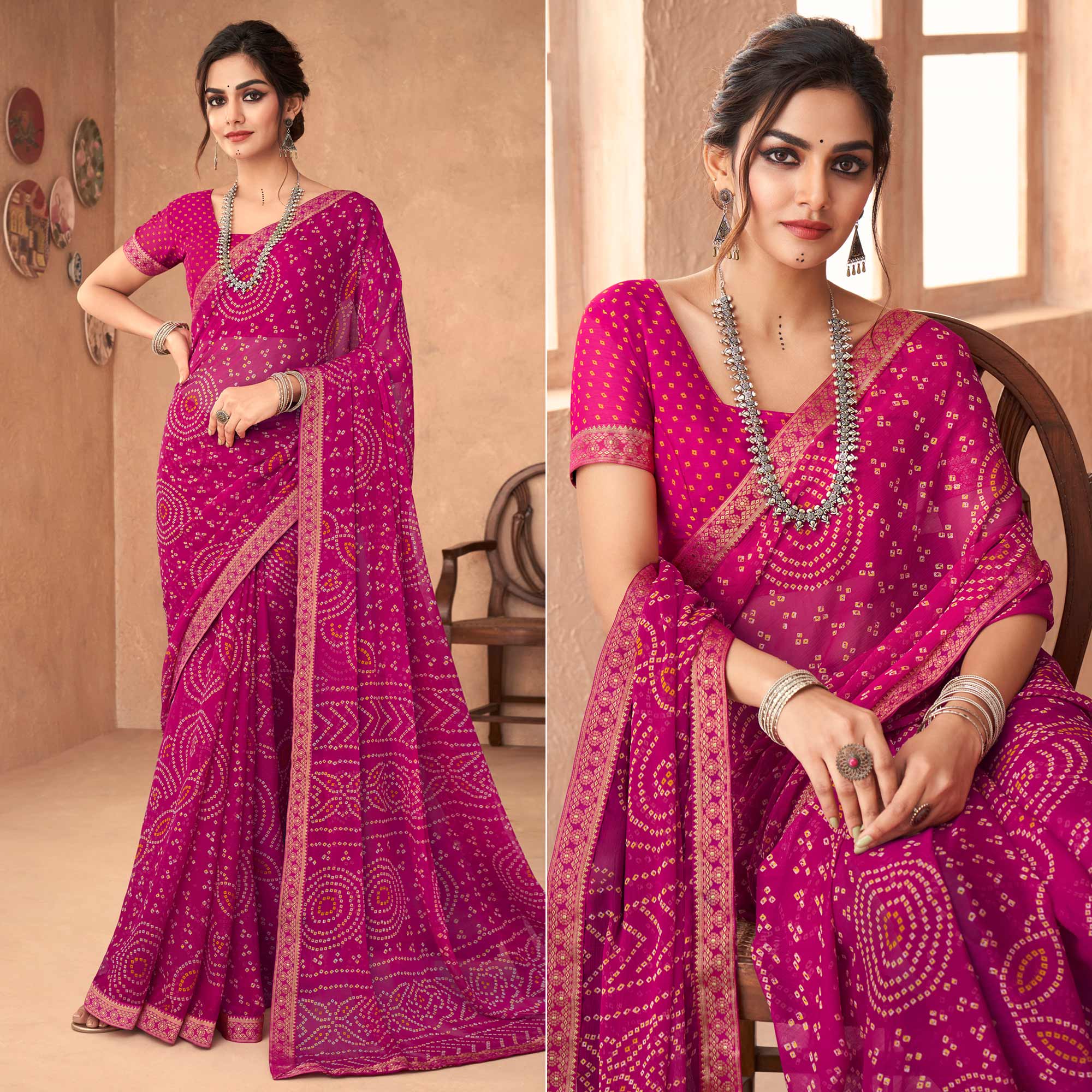 Mirmaya Magenta Purple Bandhani Printed Chiffon Saree