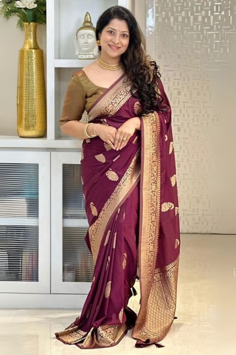 Mirmaya Admirable Wine Soft Silk Saree With Beguiling Blouse Piece