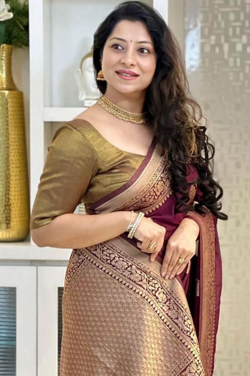 Mirmaya Admirable Wine Soft Silk Saree With Beguiling Blouse Piece