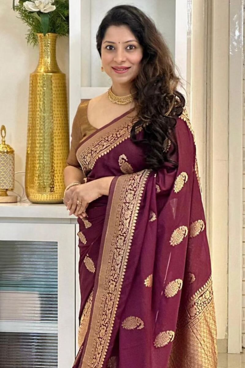 Mirmaya Admirable Wine Soft Silk Saree With Beguiling Blouse Piece