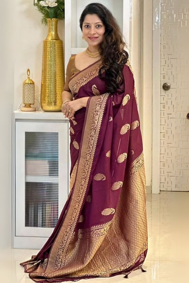 Mirmaya Admirable Wine Soft Silk Saree With Beguiling Blouse Piece