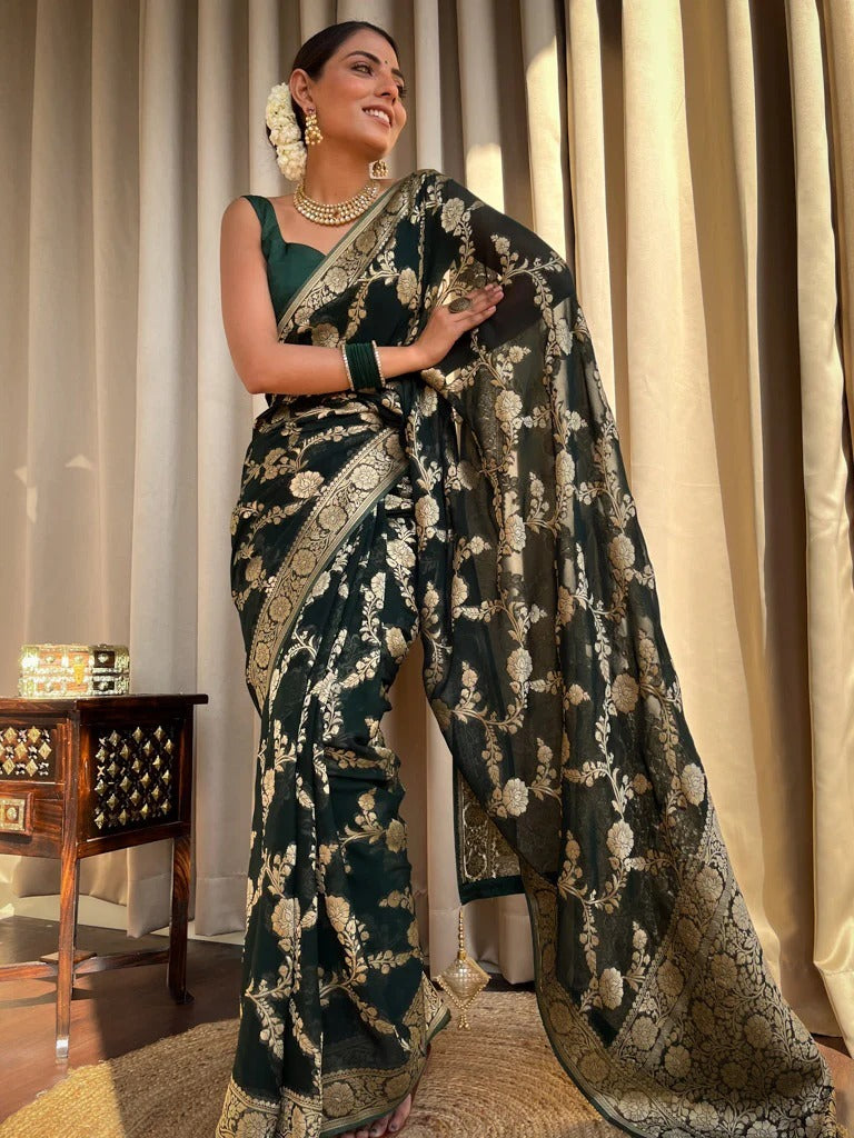 Mirmaya Ethnic Dark Green Soft Silk Saree With Unique Blouse Piece