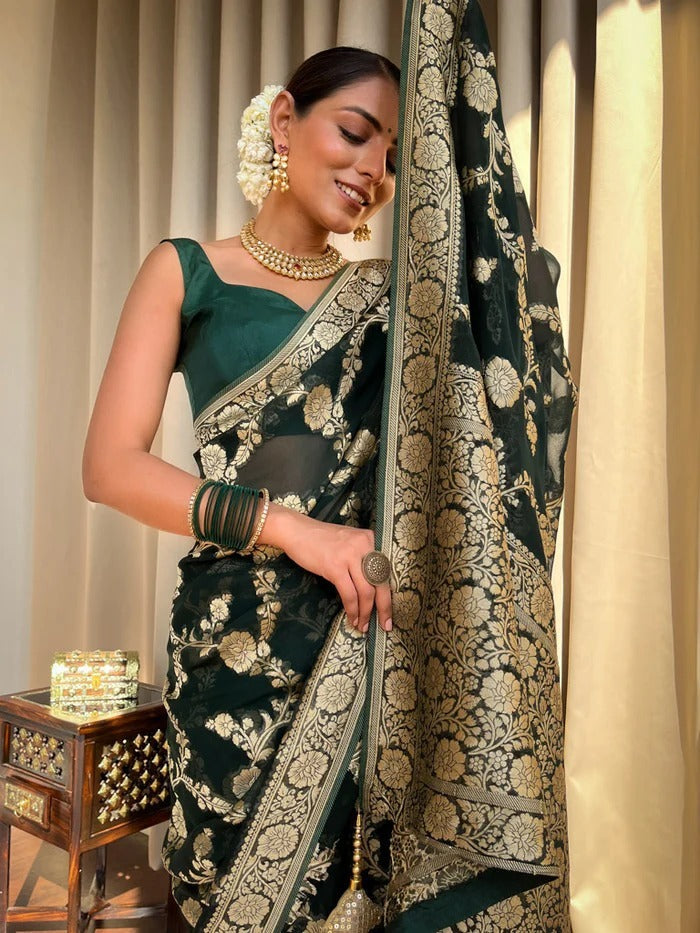 Mirmaya Ethnic Dark Green Soft Silk Saree With Unique Blouse Piece
