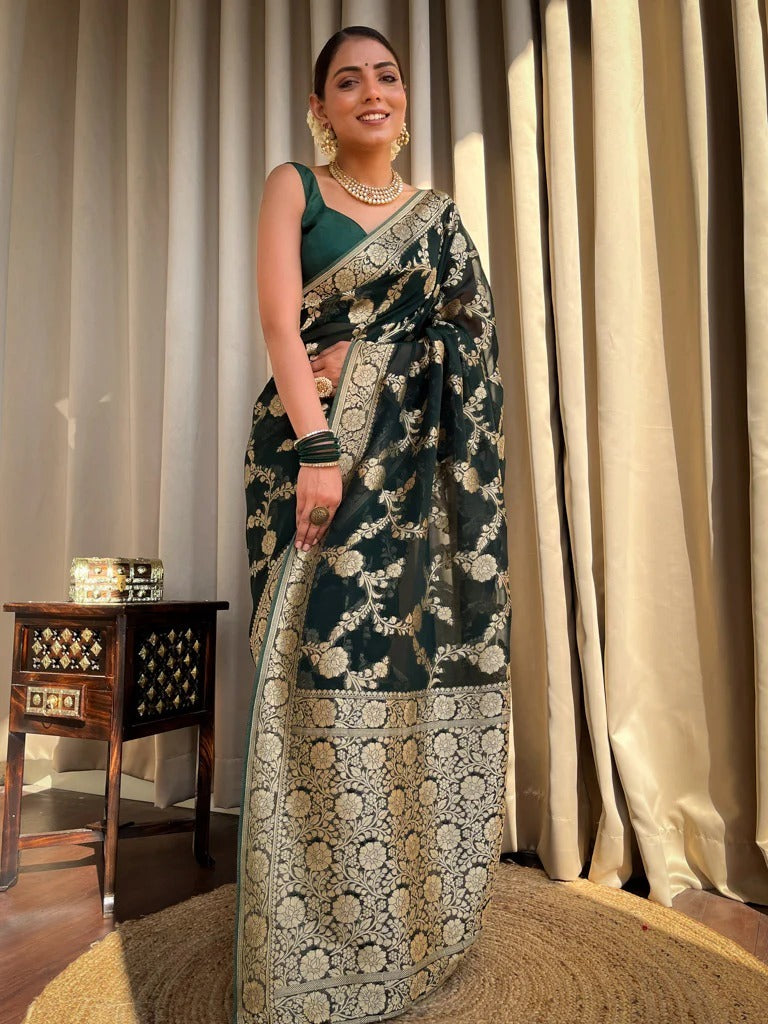 Mirmaya Ethnic Dark Green Soft Silk Saree With Unique Blouse Piece