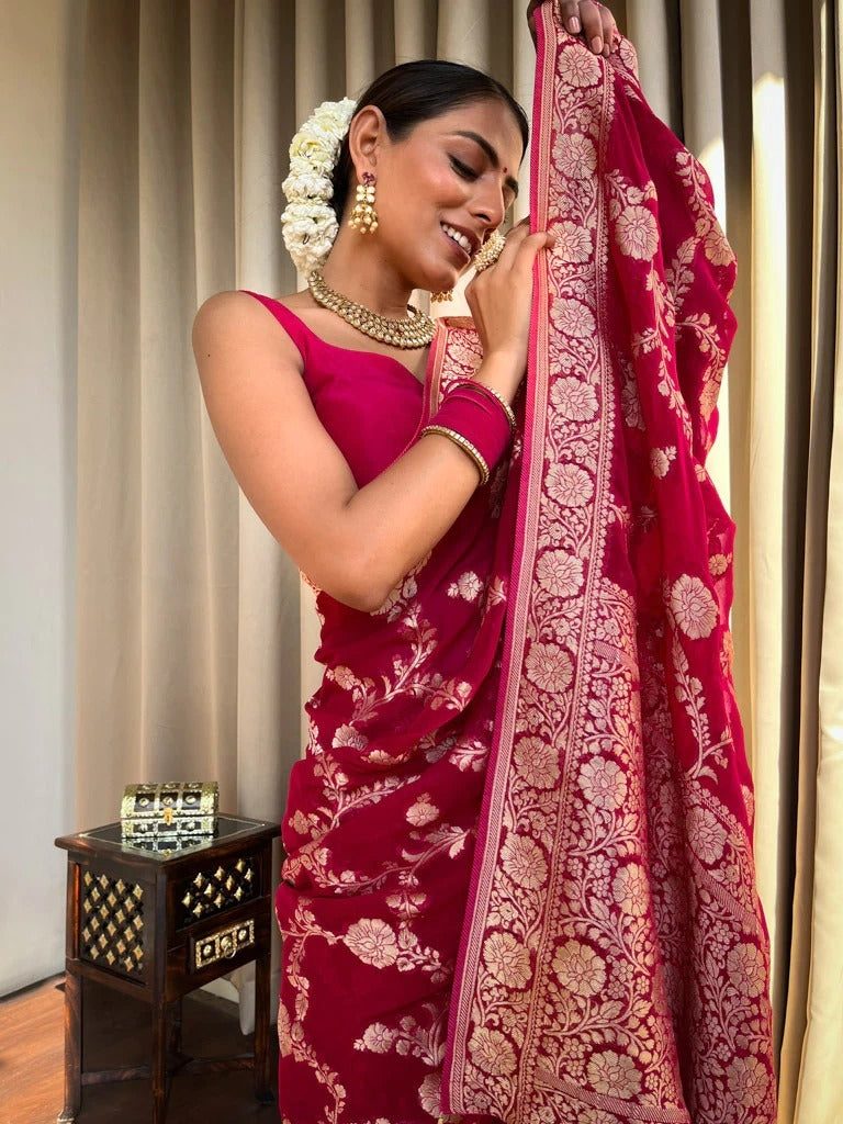 Mirmaya Flaunt Dark Pink Soft Silk Saree With Extraordinary Blouse Piece