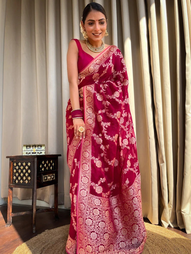 Mirmaya Flaunt Dark Pink Soft Silk Saree With Extraordinary Blouse Piece