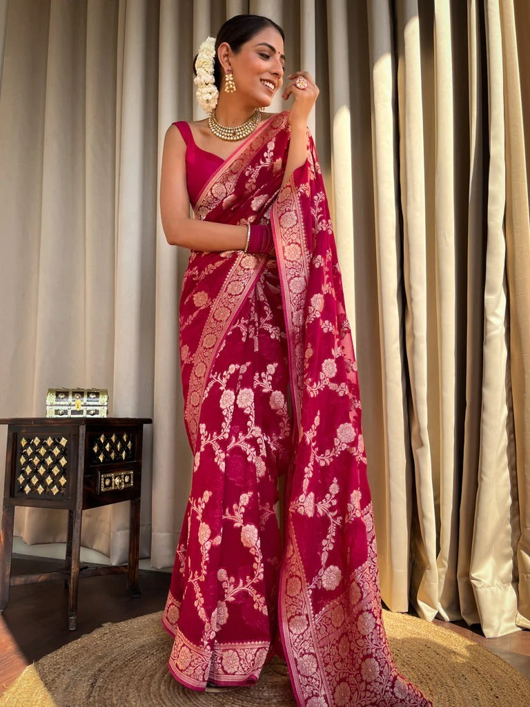 Mirmaya Flaunt Dark Pink Soft Silk Saree With Extraordinary Blouse Piece