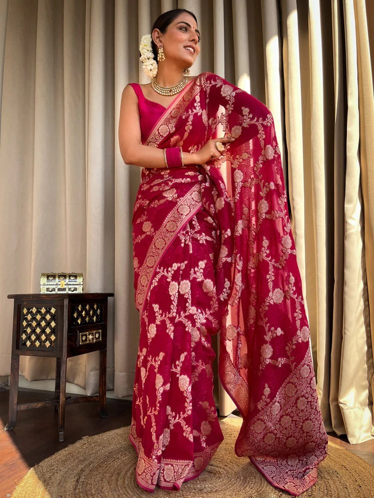 Mirmaya Flaunt Dark Pink Soft Silk Saree With Extraordinary Blouse Piece