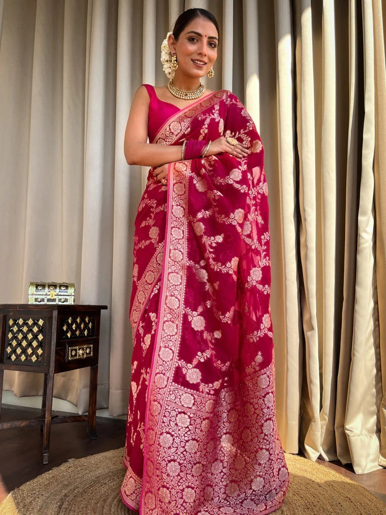 Mirmaya Flaunt Dark Pink Soft Silk Saree With Extraordinary Blouse Piece