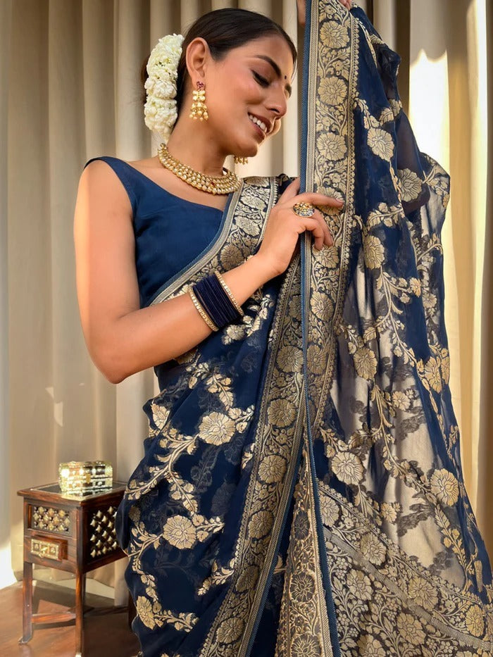 Mirmaya Classy Navy Blue Soft Silk Saree With Arresting Blouse Piece