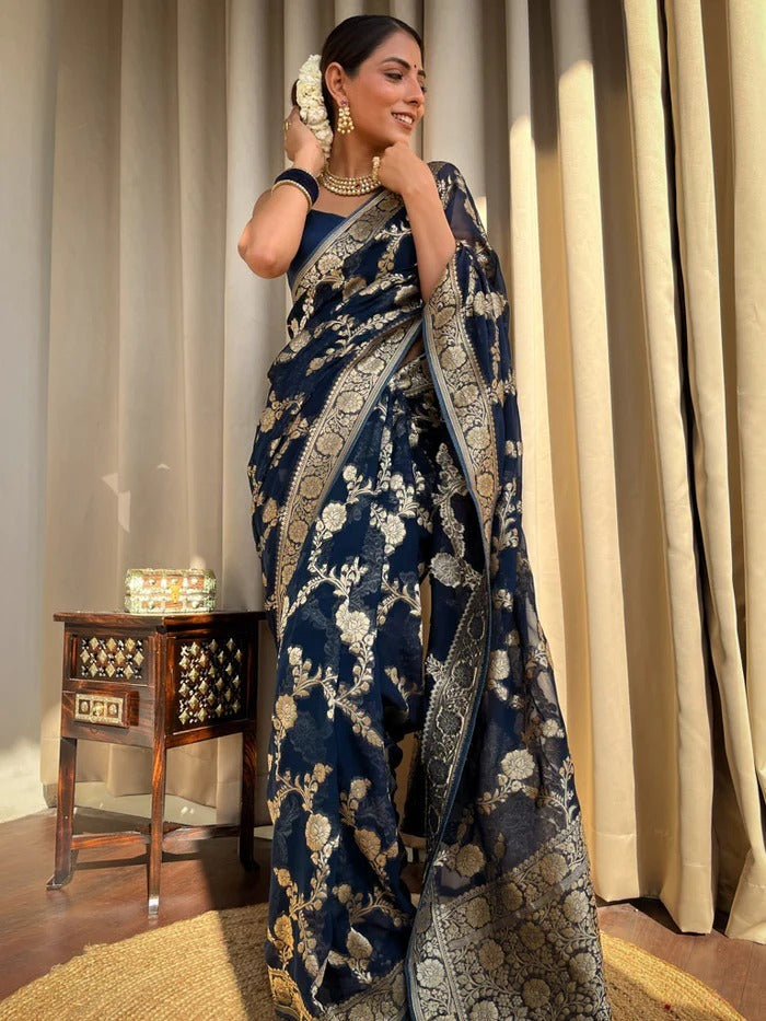 Mirmaya Classy Navy Blue Soft Silk Saree With Arresting Blouse Piece
