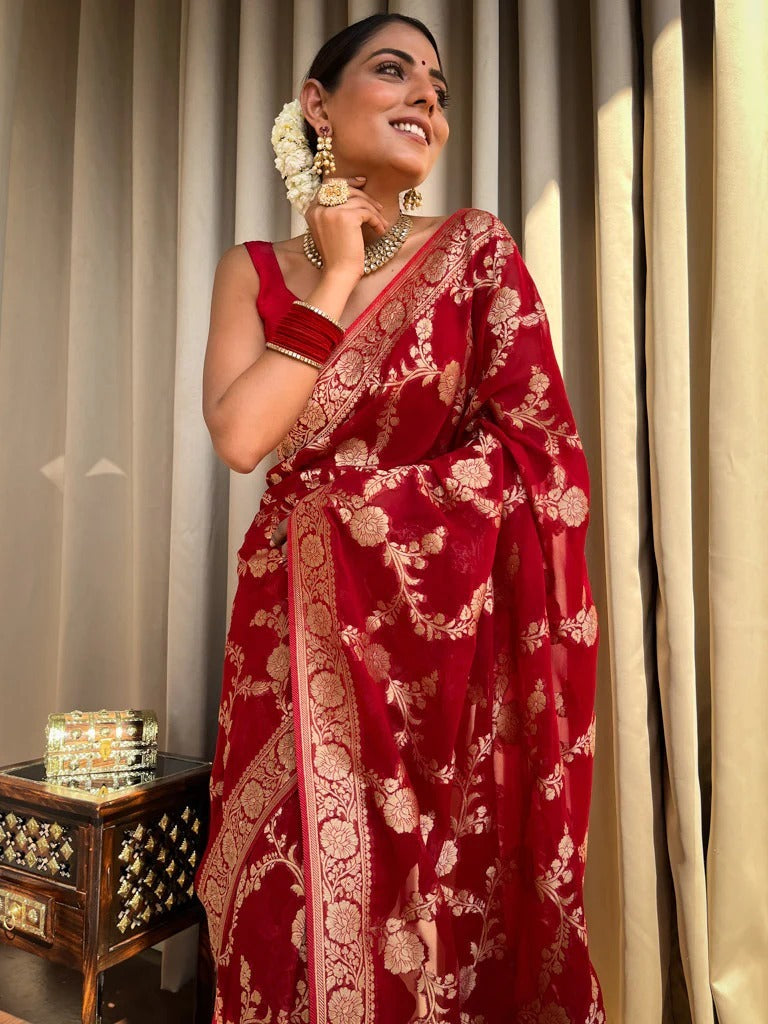 Mirmaya Desiring Red Soft Silk Saree With Exceptional Blouse Piece