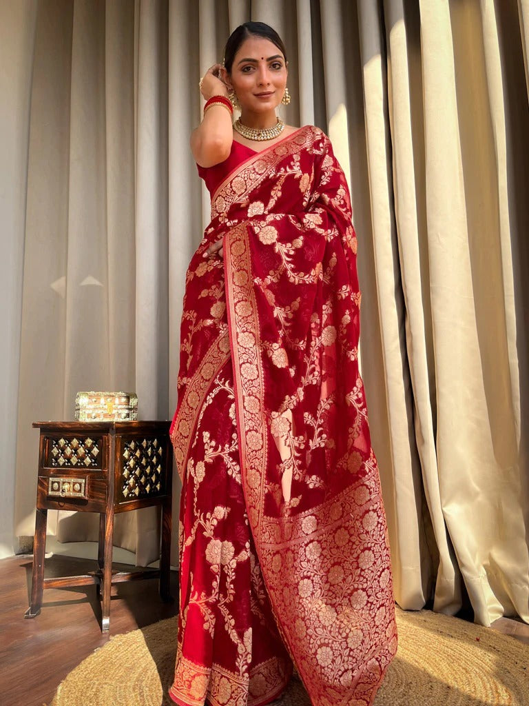 Mirmaya Desiring Red Soft Silk Saree With Exceptional Blouse Piece