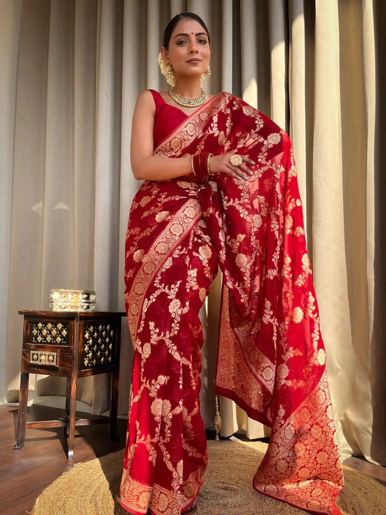 Mirmaya Desiring Red Soft Silk Saree With Exceptional Blouse Piece