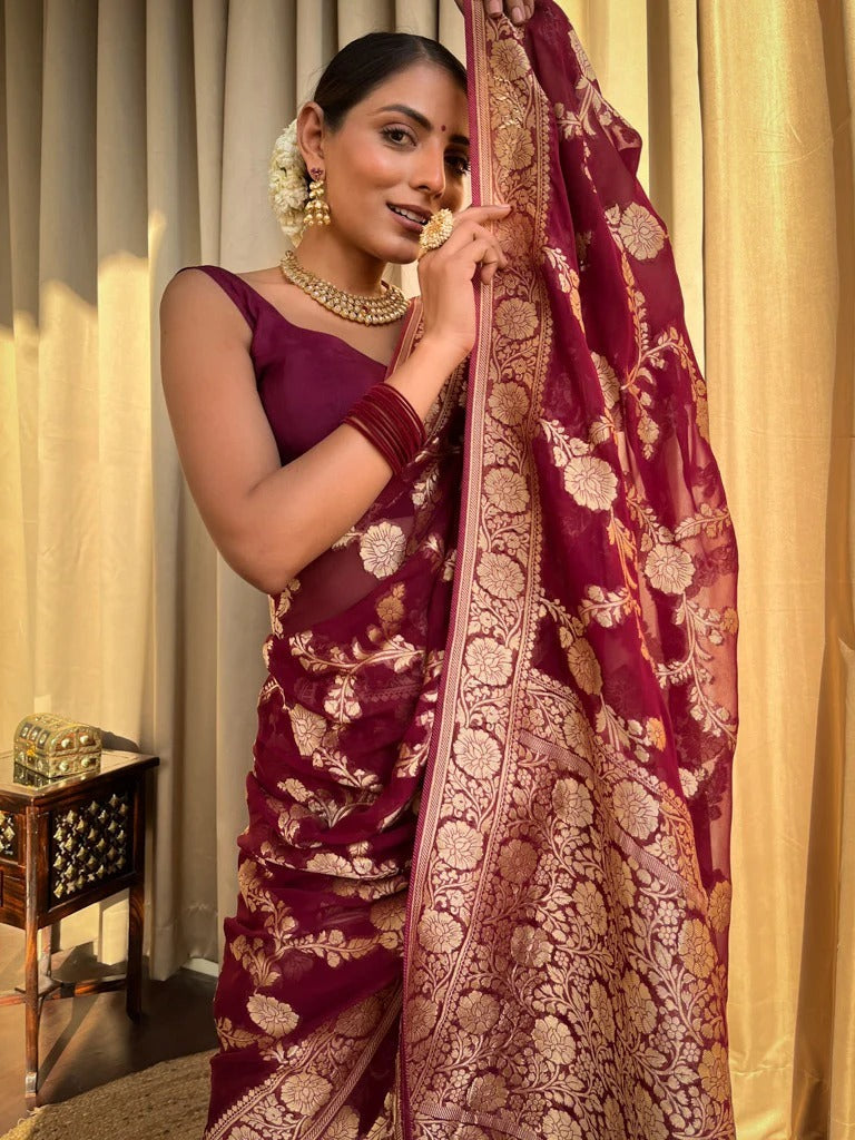 Mirmaya Inspiring Wine Soft Silk Saree With Beauteous Blouse Piece