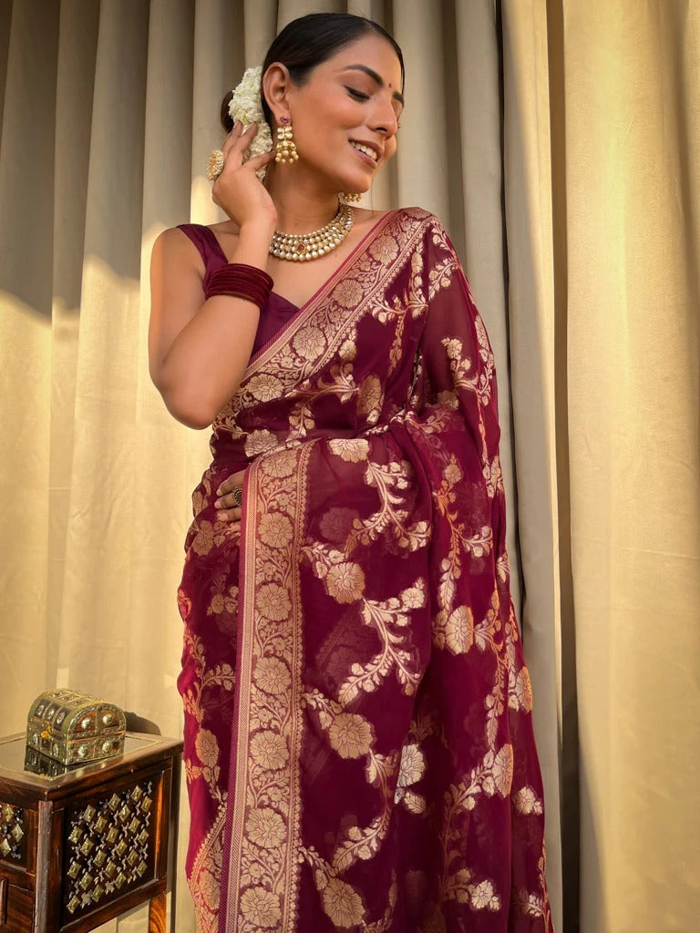 Mirmaya Inspiring Wine Soft Silk Saree With Beauteous Blouse Piece