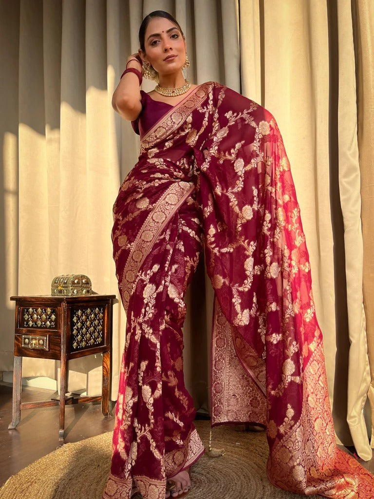 Mirmaya Inspiring Wine Soft Silk Saree With Beauteous Blouse Piece