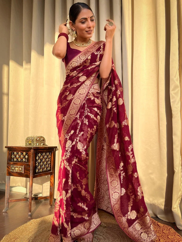 Mirmaya Inspiring Wine Soft Silk Saree With Beauteous Blouse Piece