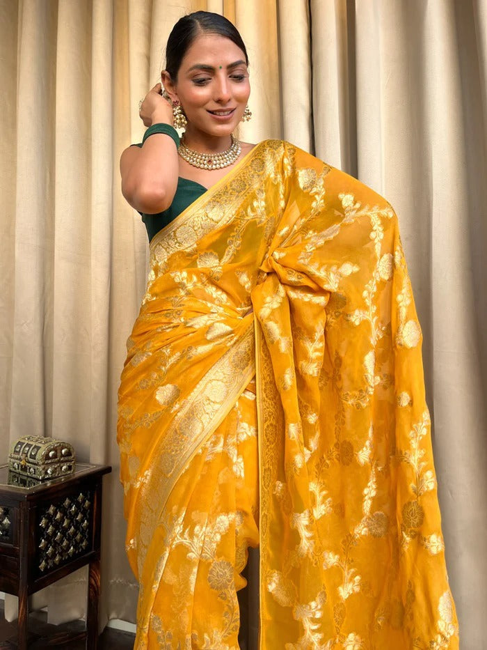 Mirmaya Desirable Yellow Soft Silk Saree With Super classy Blouse Piece