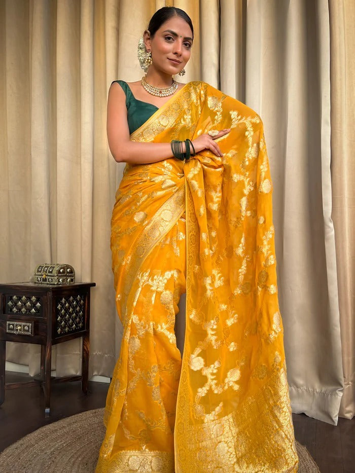 Mirmaya Desirable Yellow Soft Silk Saree With Super classy Blouse Piece