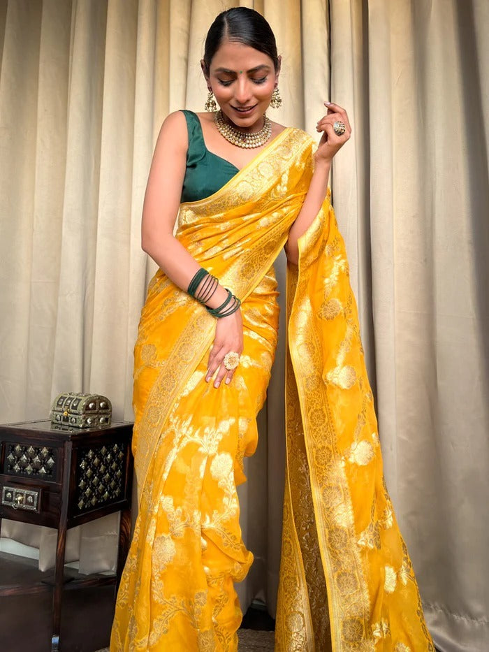 Mirmaya Desirable Yellow Soft Silk Saree With Super classy Blouse Piece