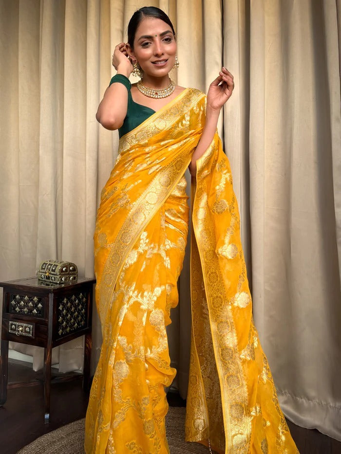 Mirmaya Desirable Yellow Soft Silk Saree With Super classy Blouse Piece
