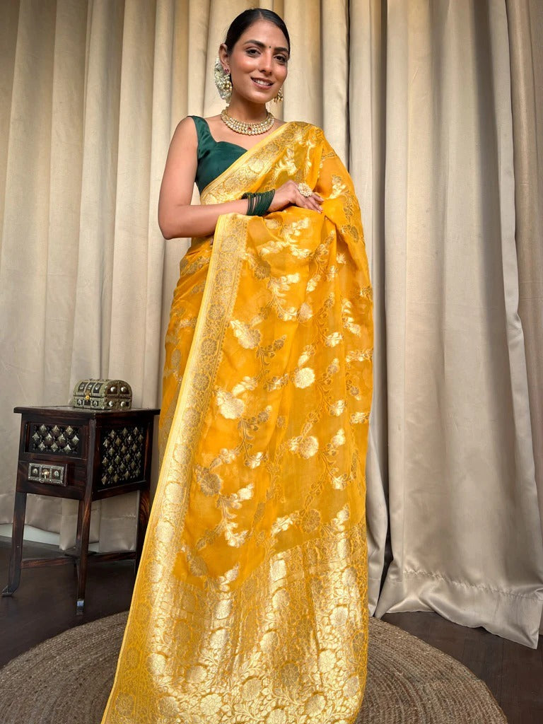 Mirmaya Desirable Yellow Soft Silk Saree With Super classy Blouse Piece