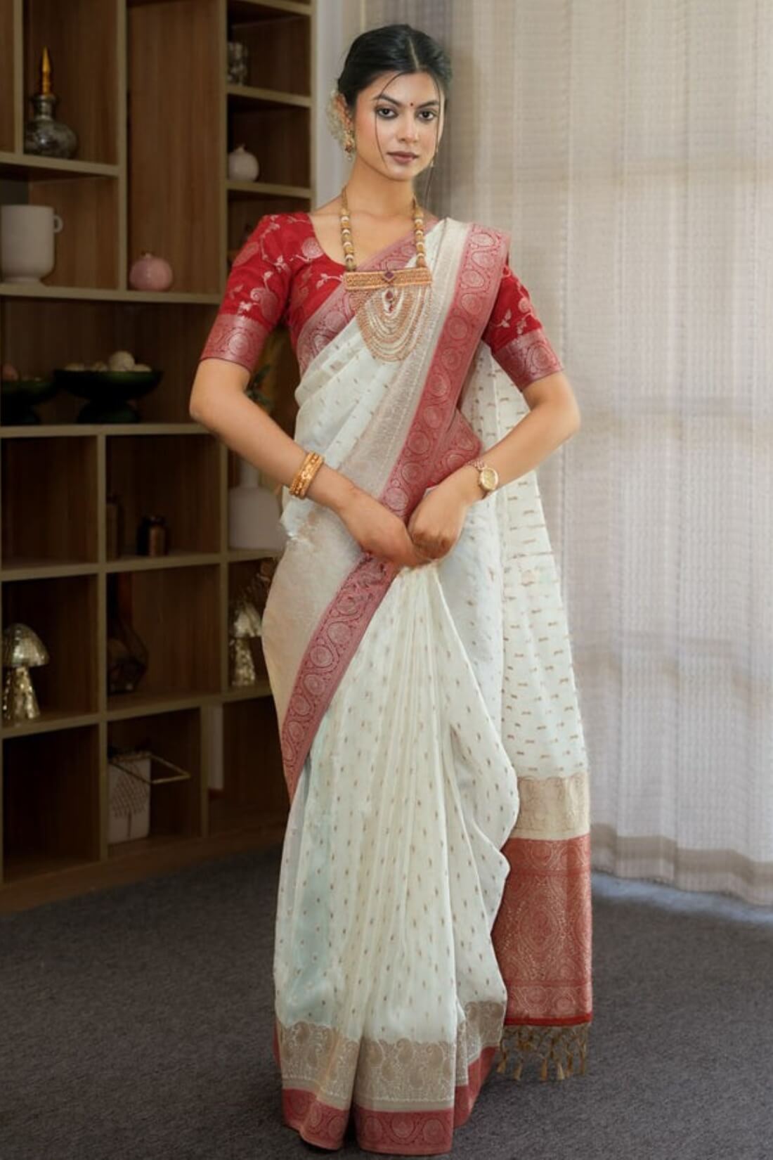 Mirmaya Admirable Off White Soft Silk Saree With Gossamer Blouse Piece