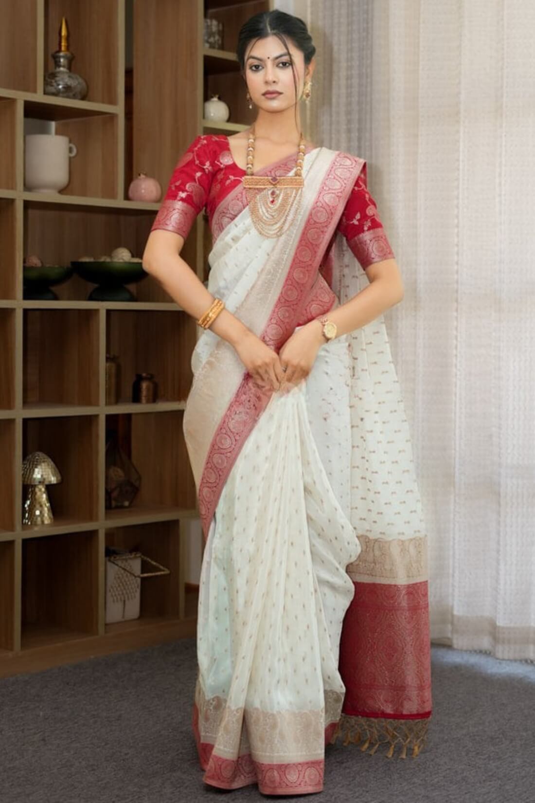 Mirmaya Admirable Off White Soft Silk Saree With Gossamer Blouse Piece