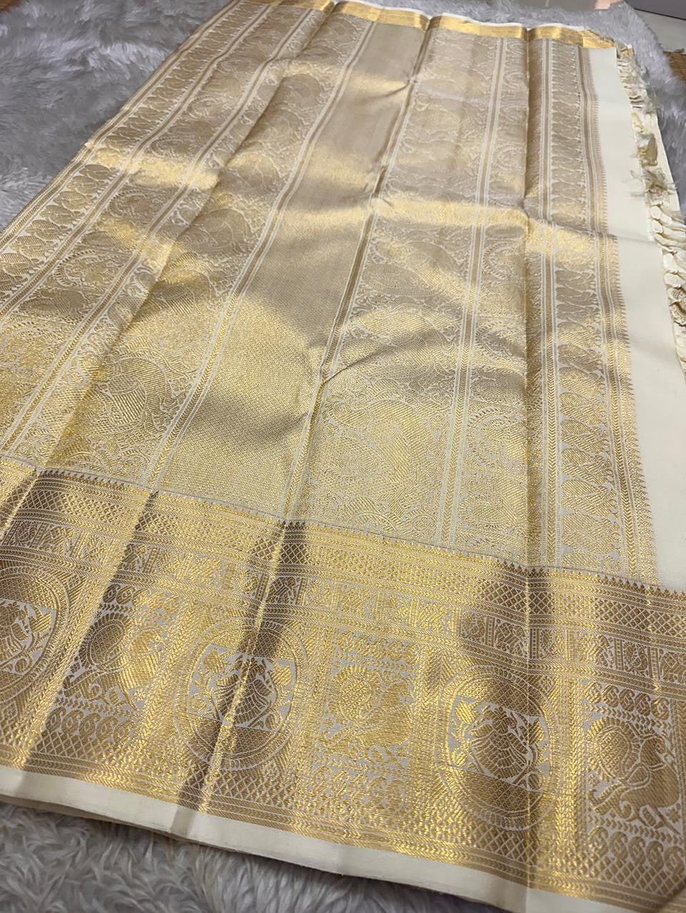 Mirmaya Eclat Beige Soft Banarasi Silk Saree With Designer Blouse Piece