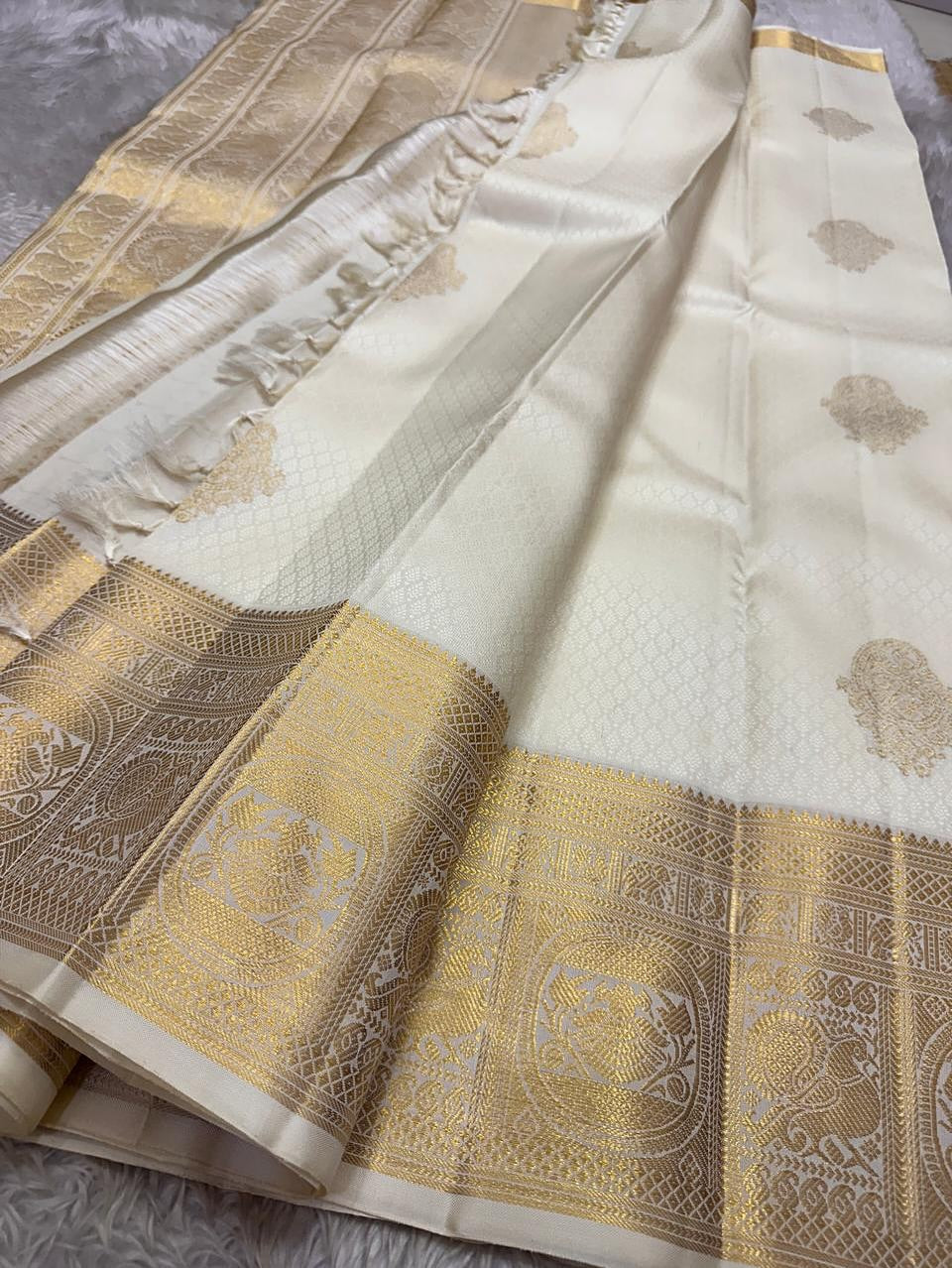 Mirmaya Eclat Beige Soft Banarasi Silk Saree With Designer Blouse Piece