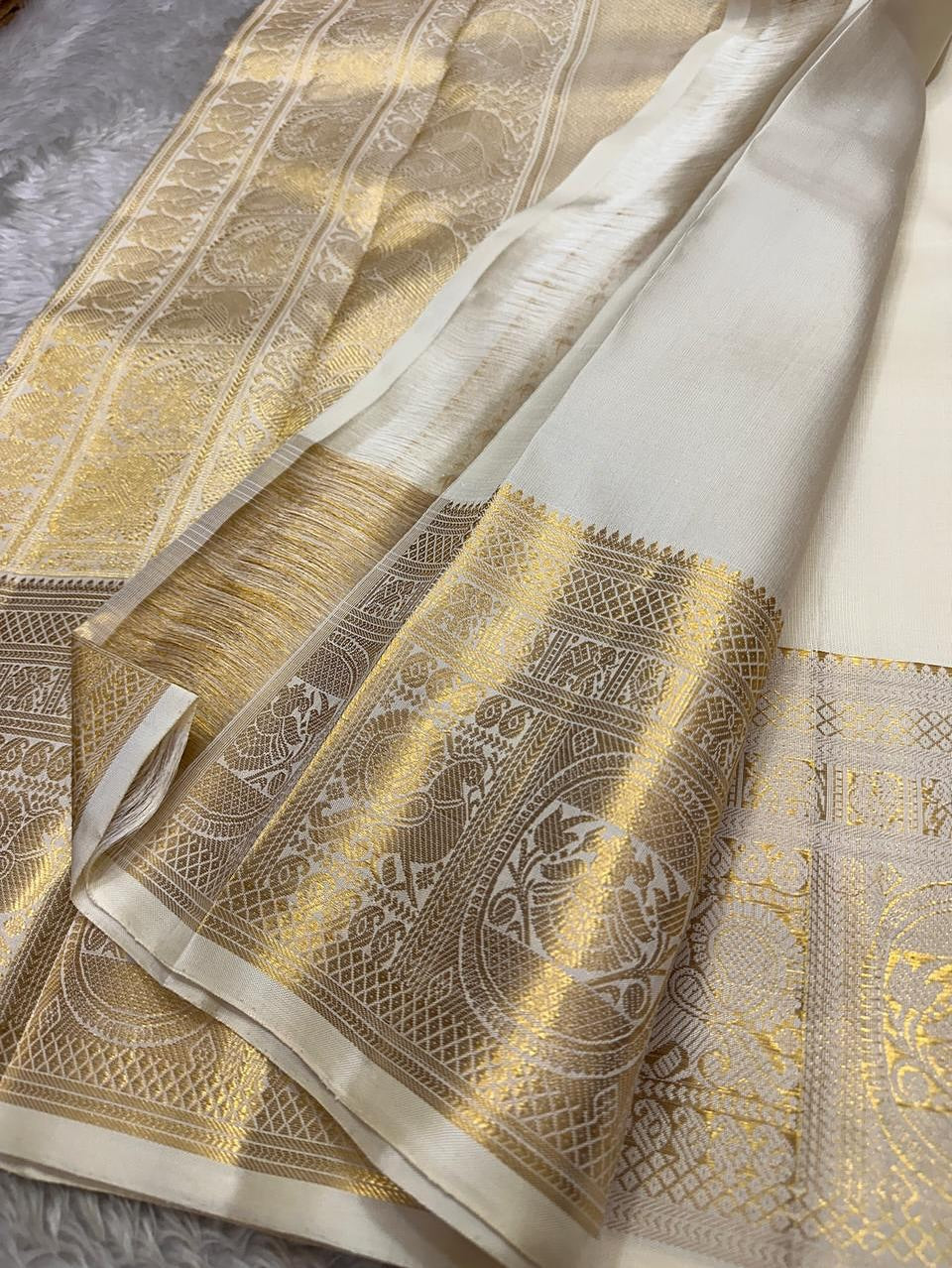 Mirmaya Eclat Beige Soft Banarasi Silk Saree With Designer Blouse Piece