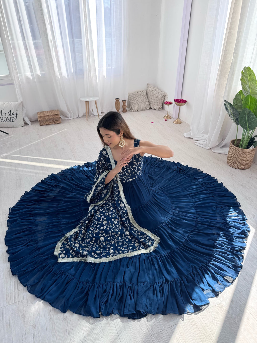 Designer Fox Georgette Anarkali Set – 12+ Mtr Flair with Embroidered Dupatta & Silk Pant